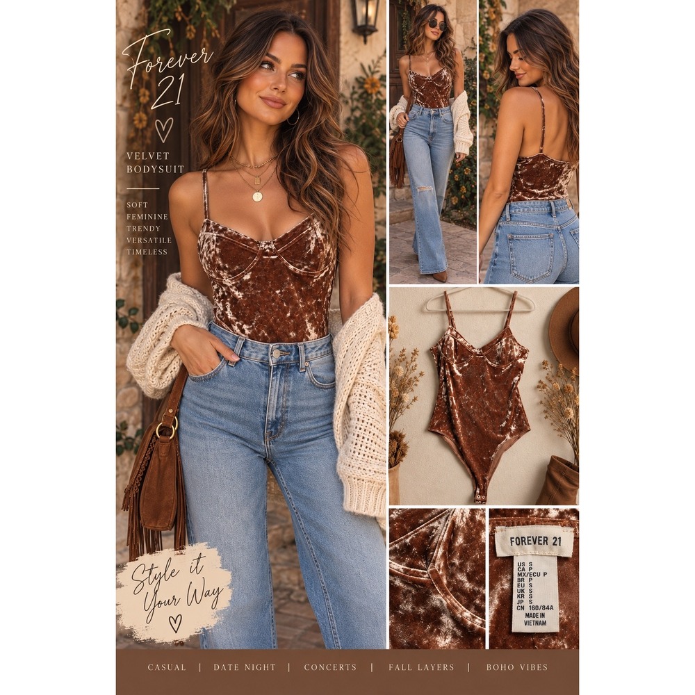 Forever 21 Brown Crushed Velvet Bustier Bodysuit Small Sweetheart Neckline Boho